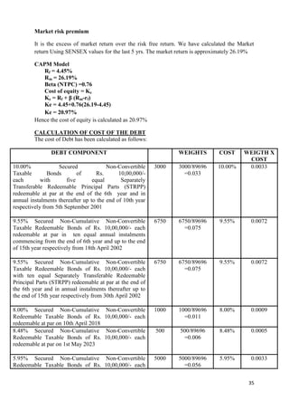 Market risk premium

         It is the excess of market return over the risk free return. We have calculated the Market
         return Using SENSEX values for the last 5 yrs. The market return is approximately 26.19%

         CAPM Model
            Rf = 4.45%
            Rm = 26.19%
            Beta (NTPC) =0.76
            Cost of equity = Ke
            Ke = Rf + β (Rm-rf)
            Ke = 4.45+0.76(26.19-4.45)
            Ke = 20.97%
         Hence the cost of equity is calculated as 20.97%

         CALCULATION OF COST OF THE DEBT
         The cost of Debt has been calculated as follows:

                DEBT COMPONENT                                      WEIGHTS         COST      WEIGTH X
                                                                                               COST
10.00%             Secured              Non-Convertible     3000    3000/89696      10.00%     0.0033
Taxable        Bonds        of      Rs.      10,00,000/-              =0.033
each        with       five       equal       Separately
Transferable Redeemable Principal Parts (STRPP)
redeemable at par at the end of the 6th year and in
annual instalments thereafter up to the end of 10th year
respectively from 5th September 2001

9.55% Secured Non-Cumulative Non-Convertible                6750    6750/89696      9.55%        0.0072
Taxable Redeemable Bonds of Rs. 10,00,000/- each                      =0.075
redeemable at par in ten equal annual instalments
commencing from the end of 6th year and up to the end
of 15th year respectively from 18th April 2002

9.55% Secured Non-Cumulative Non-Convertible                6750    6750/89696      9.55%        0.0072
Taxable Redeemable Bonds of Rs. 10,00,000/- each                      =0.075
with ten equal Separately Transferable Redeemable
Principal Parts (STRPP) redeemable at par at the end of
the 6th year and in annual instalments thereafter up to
the end of 15th year respectively from 30th April 2002

8.00% Secured Non-Cumulative           Non-Convertible      1000    1000/89696      8.00%        0.0009
Redeemable Taxable Bonds of Rs.        10,00,000/- each               =0.011
redeemable at par on 10th April 2018
8.48% Secured Non-Cumulative           Non-Convertible      500     500/89696       8.48%        0.0005
Redeemable Taxable Bonds of Rs.        10,00,000/- each              =0.006
redeemable at par on 1st May 2023

5.95% Secured Non-Cumulative Non-Convertible                5000    5000/89696      5.95%        0.0033
Redeemable Taxable Bonds of Rs. 10,00,000/- each                      =0.056


                                                                                                35
 
