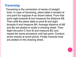 Traversing
Traversing is the connection of series of straight
lines. In case of traversing, plane table is located at
one point for suppose A as shown below. From that
point sight towards B and measure the distance AB.
Then shift the plane table to point B and sight
towards A and measure BA. Average distance of AB
and Ba are plotted to scale in drawing sheet. Then
Sight the point C from B and measure BC and
repeat the same procedure until last point. Conduct
some checks at some points. Finally traverse lines
are plotted on the drawing sheet.
 
