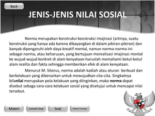 Back

          JENIS-JENIS NILAI SOSIAL

          Norma merupakan konstruksi-konstruksi imajinasi (artinya, suatu
konstruksi yang hanya ada karena dibayangkan di dalam pikiran-pikiran) dan
banyak dipengaruhi oleh daya kreatif mental, namun norma-norma ini-
sebagai norma, atau keharusan, yang bertujuan merealisasi imajinasi mental
ke wujud-wujud konkret di alam kenyataan-haruslah memahami betul-betul
alam realita dan fakta sehingga memberikan efek di alam kenyataan.
          Menurut M. Sitorus, norma adalah kadiah atau aturan berbuat dan
berkelakuan yang dibenarkan untuk mewujudkan cita-cita. Singkatnya
bilanilai merupakan pola kelakuan yang diinginkan, maka norma dapat
disebut sebaga cara-cara kelakuan sosial yang disetujui untuk mencapai nilai
tersebut.



Materi     Contoh Soal   Soal       Daftar Pustaka
 