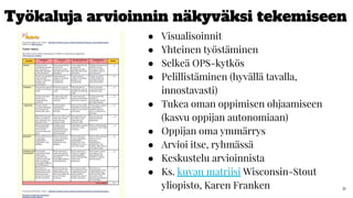 Työkaluja arvioinnin näkyväksi tekemiseen
● Visualisoinnit
● Yhteinen työstäminen
● Selkeä OPS-kytkös
● Pelillistäminen (hyvällä tavalla,
innostavasti)
● Tukea oman oppimisen ohjaamiseen
(kasvu oppijan autonomiaan)
● Oppijan oma ymmärrys
● Arvioi itse, ryhmässä
● Keskustelu arvioinnista
● Ks. kuvan matriisi Wisconsin-Stout
yliopisto, Karen Franken 31
 