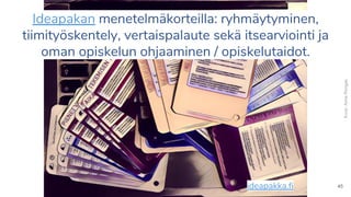 Ideapakan menetelmäkorteilla: ryhmäytyminen,
tiimityöskentely, vertaispalaute sekä itsearviointi ja
oman opiskelun ohjaaminen / opiskelutaidot.
45
Kuva:AnneRongas
ideapakka.fi
 