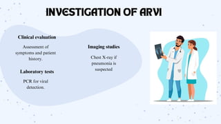 INVESTIGATION OF ARVI
Clinical evaluation
Assessment of
symptoms and patient
history.
Laboratory tests
PCR for viral
detection.
Imaging studies
Chest X-ray if
pneumonia is
suspected
 