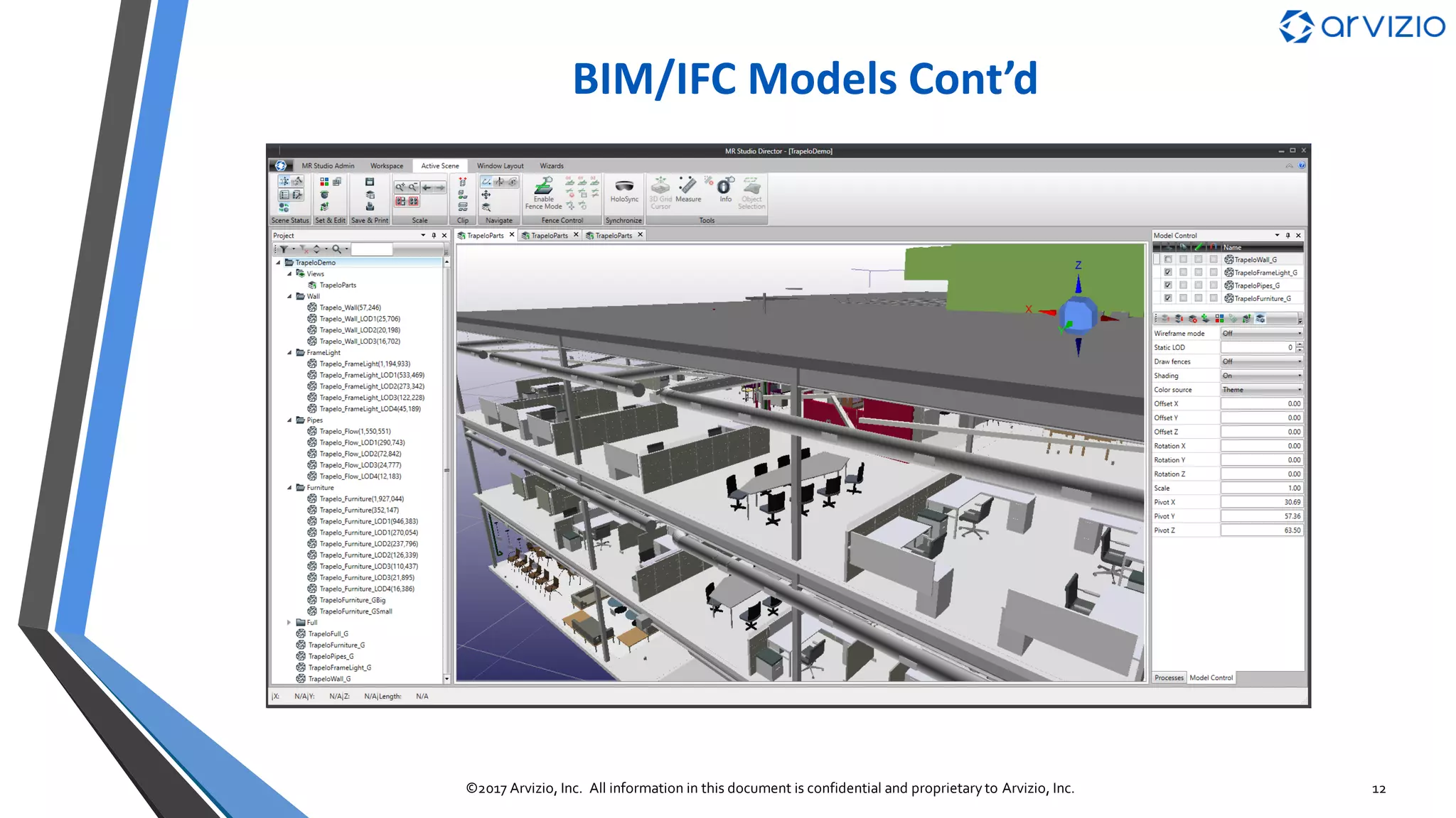 Healthcare
MR Studio Director
MR Studio Remote
MR Studio Immerse
▪ Multiple virtual display panels for 3D and 2D content, data integration and video
▪ Advanced 3D visualization with LOD, caching and dynamic loading
▪ Holosync & real-time collaboration with local & remote participants
▪ Unity based app framework, Unity plug-ins for visualization, real-time data & video
12©2017 Arvizio, Inc. All information in this document is confidential and proprietary to Arvizio, Inc.
 