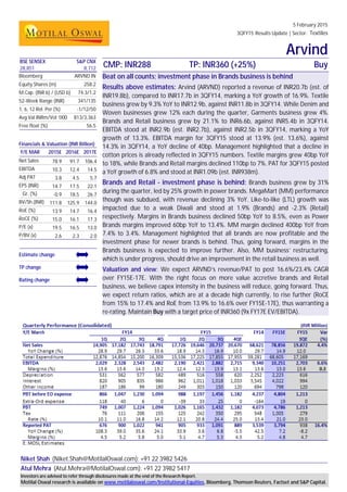 5 February 2015
3QFY15 Results Update | Sector: Textiles
Arvind
Niket Shah (Niket.Shah@MotilalOswal.com); +91 22 3982 5426
Atul Mehra (Atul.Mehra@MotilalOswal.com); +91 22 3982 5417
BSE SENSEX S&P CNX
CMP: INR288 TP: INR360 (+25%) Buy28,851 8,712
Bloomberg ARVND IN
Equity Shares (m) 258.2
M.Cap. (INR b) / (USD b) 74.3/1.2
52-Week Range (INR) 341/135
1, 6, 12 Rel. Per (%) -1/12/50
Avg Val INRm/Vol ‘000 813/3,363
Free float (%) 56.5
Financials & Valuation (INR Billion)
Y/E MAR 2015E 2016E 2017E
Net Sales 78.9 91.7 106.4
EBITDA 10.3 12.4 14.5
Adj PAT 3.8 4.5 5.7
EPS (INR) 14.7 17.5 22.1
Gr. (%) -0.9 18.5 26.7
BV/Sh.(INR) 111.8 125.9 144.0
RoE (%) 13.9 14.7 16.4
RoCE (%) 15.0 16.1 17.3
P/E (x) 19.5 16.5 13.0
P/BV (x) 2.6 2.3 2.0
Estimate change
TP change
Rating change
Beat on all counts; investment phase in Brands business is behind
Results above estimates: Arvind (ARVND) reported a revenue of INR20.7b (est. of
INR19.8b), compared to INR17.7b in 3QFY14, marking a YoY growth of 16.9%. Textile
business grew by 9.3% YoY to INR12.9b, against INR11.8b in 3QFY14. While Denim and
Woven businesses grew 12% each during the quarter, Garments business grew 4%.
Brands and Retail business grew by 21.1% to INR6.6b, against INR5.4b in 3QFY14.
EBITDA stood at INR2.9b (est. INR2.7b), against INR2.5b in 3QFY14, marking a YoY
growth of 13.3%. EBITDA margin for 3QFY15 stood at 13.9% (est. 13.6%), against
14.3% in 3QFY14, a YoY decline of 40bp. Management highlighted that a decline in
cotton prices is already reflected in 3QFY15 numbers. Textile margins grew 40bp YoY
to 18%, while Brands and Retail margins declined 110bp to 7%. PAT for 3QFY15 posted
a YoY growth of 6.8% and stood at INR1.09b (est. INR938m).
Brands and Retail - investment phase is behind: Brands business grew by 31%
during the quarter, led by 25% growth in power brands. MegaMart (MM) performance
though was subdued, with revenue declining 3% YoY. Like-to-like (LTL) growth was
impacted due to a weak Diwali and stood at 1.9% (Brands) and -2.3% (Retail)
respectively. Margins in Brands business declined 50bp YoY to 8.5%, even as Power
Brands margins improved 60bp YoY to 13.4%. MM margin declined 400bp YoY from
7.4% to 3.4%. Management highlighted that all brands are now profitable and the
investment phase for newer brands is behind. Thus, going forward, margins in the
Brands business is expected to improve further. Also, MM business’ restructuring,
which is under progress, should drive an improvement in the retail business as well.
Valuation and view: We expect ARVND’s revenue/PAT to post 16.6%/23.4% CAGR
over FY15E-17E. With the right focus on more value accretive brands and Retail
business, we believe capex intensity in the business will reduce, going forward. Thus,
we expect return ratios, which are at a decade high currently, to rise further (RoCE
from 15% to 17.4% and RoE from 13.9% to 16.6% over FY15E-17E), thus warranting a
re-rating. Maintain Buy with a target price of INR360 (9x FY17E EV/EBITDA).
Investors are advised to refer through disclosures made at the end of the Research Report.
Motilal Oswal research is available on www.motilaloswal.com/Institutional-Equities, Bloomberg, Thomson Reuters, Factset and S&P Capital.
 