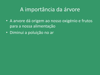 A importância da árvore
• A arvore dá origem ao nosso oxigénio e frutos
para a nossa alimentação
• Diminui a poluição no ar
 