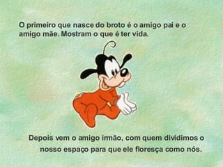 O primeiro que nasce do broto é o amigo pai e o amigo mãe. Mostram o que é ter vida.   Depois vem o amigo irmão, com quem dividimos o nosso espaço para que ele floresça como nós.   