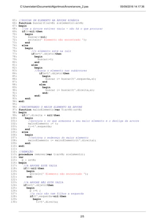 05/09/2016 14:17:36C:UserselainDocumentsAlgoritmosÁrvorearvore_2.pas
65: //BUSCAR UM ELEMENTO NA ÁRVORE BINÁRIA
66: function buscar(t:arvB; x:elemento):arvB;
67: begin
68: //se a árvore estiver vazia - não há o que procurar
69: if(t=nil)then
70: begin
71: buscar:=nil;
72: writeln(' Elemento não encontrado ');
73: end
74: else
75: begin
76: //o elemento está na raiz
77: if(x=t^.objeto)then
78: begin
79: buscar:=t;
80: end
81: else
82: begin
83: //busca o elemento nas subárvores
84: if(x<t^.objeto)then
85: begin
86: buscar := buscar(t^.esquerda,x);
87: end
88: else
89: begin
90: buscar := buscar(t^.direita,x);
91: end;
92: end;
93: end;
94: end;
95:
96: //ENCONTRANDO O MAIOR ELEMENTO NA ARVORE
97: function maiorElemento(var T:arvB):arvB;
98: begin
99: if(t^.direita = nil)then
100: begin
101: //procura o no que armazena o seu maior elemento e o desliga da arvore
102: maiorElemento := t;
103: t:=t^.esquerda;
104: end
105: else
106: begin
107: //retorna o endereço do maior elemento
108: maiorElemento := maiorElemento(t^.direita);
109: end;
110: end;
111:
112: //REMOÇÃO
113: procedure remover(var t:arvB; x:elemento);
114: var
115: p : arvB;
116: begin
117: //A ARVORE ESTÁ VAZIA
118: if(t=nil)then
119: begin
120: writeln(' Elemento não encontrado ');
121: end;
122:
123: //A ARVORE NÃO ESTÁ VAZIA
124: if(x=t^.objeto)then
125: begin
126: p :=t ;
127: //a raiz não tem filhos a esquerda
128: if(t^.esquerda=nil)then
129: begin
130: t:=t^.direita;
2/5
 