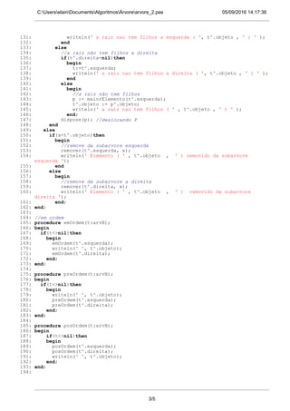 05/09/2016 14:17:36C:UserselainDocumentsAlgoritmosÁrvorearvore_2.pas
131: writeln(' a raiz nao tem filhos a esquerda ( ', t^.objeto , ' ) ' );
132: end
133: else
134: //a raiz não tem filhos a direita
135: if(t^.direita=nil)then
136: begin
137: t:=t^.esquerda;
138: writeln(' a raiz nao tem filhos a direita ( ', t^.objeto , ' ) ' );
139: end
140: else
141: begin
142: //a raiz não tem filhos
143: p := maiorElemento(t^.esquerda);
144: t^.objeto := p^.objeto;
145: writeln(' a raiz nao tem filhos ( ' , t^.objeto , ' ) ' );
146: end;
147: dispose(p); //deslocando P
148: end
149: else
150: if(x<t^.objeto)then
151: begin
152: //remove da subarvore esquerda
153: remover(t^.esquerda, x);
154: writeln(' Elemento ( ' , t^.objeto , ' ) removido da subarvore
esquerda ');
155: end
156: else
157: begin
158: //remove da subarvore a direita
159: remover(t^.direita, x);
160: writeln(' Elemento ( ' , t^.objeto , ' ) removido da subarvore
direita ');
161: end;
162: end;
163:
164: //em ordem
165: procedure emOrdem(t:arvB);
166: begin
167: if(t<>nil)then
168: begin
169: emOrdem(t^.esquerda);
170: writeln(' ', t^.objeto);
171: emOrdem(t^.direita);
172: end;
173: end;
174:
175: procedure preOrdem(t:arvB);
176: begin
177: if(t<>nil)then
178: begin
179: writeln(' ', t^.objeto);
180: preOrdem(t^.esquerda);
181: preOrdem(t^.direita);
182: end;
183: end;
184:
185: procedure posOrdem(t:arvB);
186: begin
187: if(t<>nil)then
188: begin
189: posOrdem(t^.esquerda);
190: posOrdem(t^.direita);
191: writeln(' ', t^.objeto);
192: end;
193: end;
194:
3/5
 