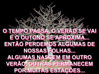 O TEMPO PASSA, O VERÃO SE VAI
  E O OUTONO SE APROXIMA...
ENTÃO PERDEMOS ALGUMAS DE
       NOSSAS FOLHAS...
 ALGUMAS NASCEM EM OUTRO
 VERÃO, OUTRAS PERMANECEM
    POR MUITAS ESTAÇÕES...
 