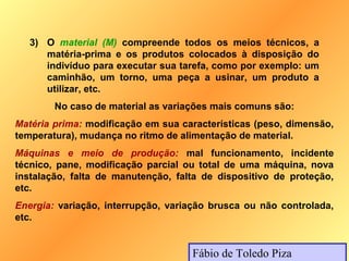 3) O material (M) compreende todos os meios técnicos, a
      matéria-prima e os produtos colocados à disposição do
      indivíduo para executar sua tarefa, como por exemplo: um
      caminhão, um torno, uma peça a usinar, um produto a
      utilizar, etc.
        No caso de material as variações mais comuns são:
Matéria prima: modificação em sua características (peso, dimensão,
temperatura), mudança no ritmo de alimentação de material.
Máquinas e meio de produção: mal funcionamento, incidente
técnico, pane, modificação parcial ou total de uma máquina, nova
instalação, falta de manutenção, falta de dispositivo de proteção,
etc.
Energia: variação, interrupção, variação brusca ou não controlada,
etc.


                                    Fábio de Toledo Piza
 