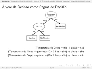 Introdu¸c˜ao Tipos de Parti¸c˜oes de Atributos Indu¸c˜ao de ´Arvores de Decis˜ao Florestas Aleat´orias Avalia¸c˜ao de Classiﬁcadores
´Arvore de Decis˜ao como Regras de Decis˜ao
Temperatura do Corpo = fria → classe = nao
(Temperatura do Corpo = quente) ∧ (Dar `a Luz = sim) → classe = sim
(Temperatura do Corpo = quente) ∧ (Dar `a Luz = n˜ao) → classe = n˜ao
Prof. Leandro Balby Marinho 9 / 45 UFCG DSC
 