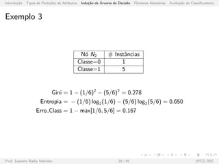 Introdu¸c˜ao Tipos de Parti¸c˜oes de Atributos Indu¸c˜ao de ´Arvores de Decis˜ao Florestas Aleat´orias Avalia¸c˜ao de Classiﬁcadores
Exemplo 3
N´o N2 # Instˆancias
Classe=0 1
Classe=1 5
Gini = 1 − (1/6)2
− (5/6)2
= 0.278
Entropia = − (1/6) log2(1/6) − (5/6) log2(5/6) = 0.650
Erro Class = 1 − max[1/6, 5/6] = 0.167
Prof. Leandro Balby Marinho 25 / 45 UFCG DSC
 