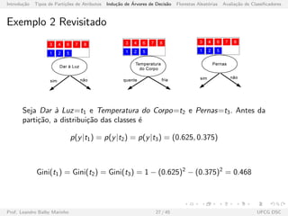 Introdu¸c˜ao Tipos de Parti¸c˜oes de Atributos Indu¸c˜ao de ´Arvores de Decis˜ao Florestas Aleat´orias Avalia¸c˜ao de Classiﬁcadores
Exemplo 2 Revisitado
Seja Dar `a Luz=t1 e Temperatura do Corpo=t2 e Pernas=t3. Antes da
parti¸c˜ao, a distribui¸c˜ao das classes ´e
p(y|t1) = p(y|t2) = p(y|t3) = (0.625, 0.375)
Gini(t1) = Gini(t2) = Gini(t3) = 1 − (0.625)2
− (0.375)2
= 0.468
Prof. Leandro Balby Marinho 27 / 45 UFCG DSC
 