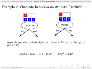 Introdu¸c˜ao Tipos de Parti¸c˜oes de Atributos Indu¸c˜ao de ´Arvores de Decis˜ao Florestas Aleat´orias Avalia¸c˜ao de Classiﬁcadores
Exemplo 2: Chamada Recursiva no Atributo Escolhido
Antes da parti¸c˜ao, a distribui¸c˜ao das classes ´e P(c|t1) = P(c|t2) =
(0.25, 0.75).
Gini(t1) = Gini(t3) = 1 − (0.75)2
− (0.25)2
= 0.375
Prof. Leandro Balby Marinho 31 / 45 UFCG DSC
 