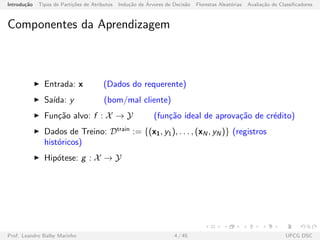 Introdu¸c˜ao Tipos de Parti¸c˜oes de Atributos Indu¸c˜ao de ´Arvores de Decis˜ao Florestas Aleat´orias Avalia¸c˜ao de Classiﬁcadores
Componentes da Aprendizagem
Entrada: x (Dados do requerente)
Sa´ıda: y (bom/mal cliente)
Fun¸c˜ao alvo: f : X → Y (fun¸c˜ao ideal de aprova¸c˜ao de cr´edito)
Dados de Treino: Dtrain
:= {(x1, y1), . . . , (xN , yN )} (registros
hist´oricos)
Hip´otese: g : X → Y
Prof. Leandro Balby Marinho 4 / 45 UFCG DSC
 