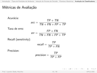 Introdu¸c˜ao Tipos de Parti¸c˜oes de Atributos Indu¸c˜ao de ´Arvores de Decis˜ao Florestas Aleat´orias Avalia¸c˜ao de Classiﬁcadores
M´etricas de Avalia¸c˜ao
Acur´acia:
acc =
TP + TN
TN + FN + FP + TP
Taxa de erro:
err =
FP + FN
TN + FN + FP + TP
Recall (sensitivity):
recall =
TP
TP + FN
Precision:
precision =
TP
TP + FP
Prof. Leandro Balby Marinho 41 / 45 UFCG DSC
 