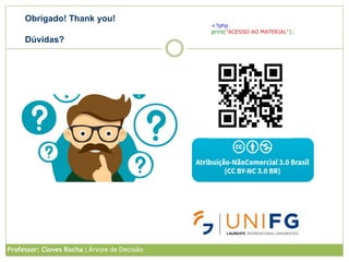 Obrigado! Thank you!
Dúvidas?
<?php
print("ACESSO AO MATERIAL");
Professor: Cloves Rocha | Árvore de Decisão
 