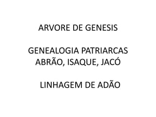 ARVORE DE GENESIS
GENEALOGIA PATRIARCAS
ABRÃO, ISAQUE, JACÓ
LINHAGEM DE ADÃO
 