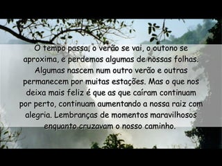 O tempo passa, o verão se vai, o outono se aproxima, e perdemos algumas de nossas folhas. Algumas nascem num outro verão e outras permanecem por muitas estações. Mas o que nos deixa mais feliz é que as que caíram continuam por perto, continuam aumentando a nossa raiz com alegria. Lembranças de momentos maravilhosos enquanto cruzavam o nosso caminho.  
