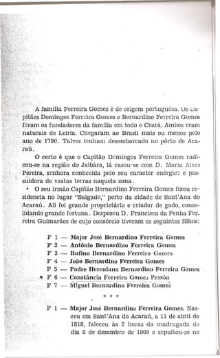 Ferreira Gomes e de origem portuguesa. us 'vi::V
Domingos Ferreira Gomes e Bernardino Ferreira Gomes
Os fundadores da familia em todo 0 Ceara. Ambos eram
l'laturais de Leiria. Chegaram ao Brasil mais au menos pelo
,de 1790, Talvez tenham desembarcado no porto de Aca-

:,A familia

rati.,

o certo e que 0 Capitao Domingos Ferreira Gomes radiCo'u-sena regiao do Jaiba,ra, Ii casou-se com D. IVlal'iaAlves
.p;e.reira, sEuhora conhecida pelo seu caracter energic'} e poss'uidota de vastas terras naquela zona,
o seu 1rmao Capitao Bernardino Ferreira Gomes fixou resi~encia no lugar "Salgado," perto da cidade de Sant' Ana do
'Acarau, Ali foi grande proprietario e criador de gada, conso.lidando grande fortuna~' Desposou D. Francisca da Penha Fer_
reint Guimaraes de cujo cons6rcio tiveram os seguintes filhos:
F
F
F
F
F
.~F

1 2 3 4 5 6-

Major Jose Be'rnardino F~lTeh'a Gomes
Antonio Bernardino Ferreu'a Gomes
Rufino Bernardino Ferreira Gomes
J 08.0 Bernardino· Fcn'eira Gomes
Padre He'rculano Bernardino Ferreira Gomes
Constanda Feneu'a Gome.; J:'esl'loa

F' 7 -

lVngueiB~~:l;~;diiio··F;ei:i·eii:a-d·olnes

F 1

Major Jose Bernardino Fcneira Gomes, Nas-

ceu em Sant'Ana do Acarau, a 11 de abril de
una, faleceu as 2 homs da madrugada do
dia 9 de dezembl'O de 1909 e sepultou-se no

 