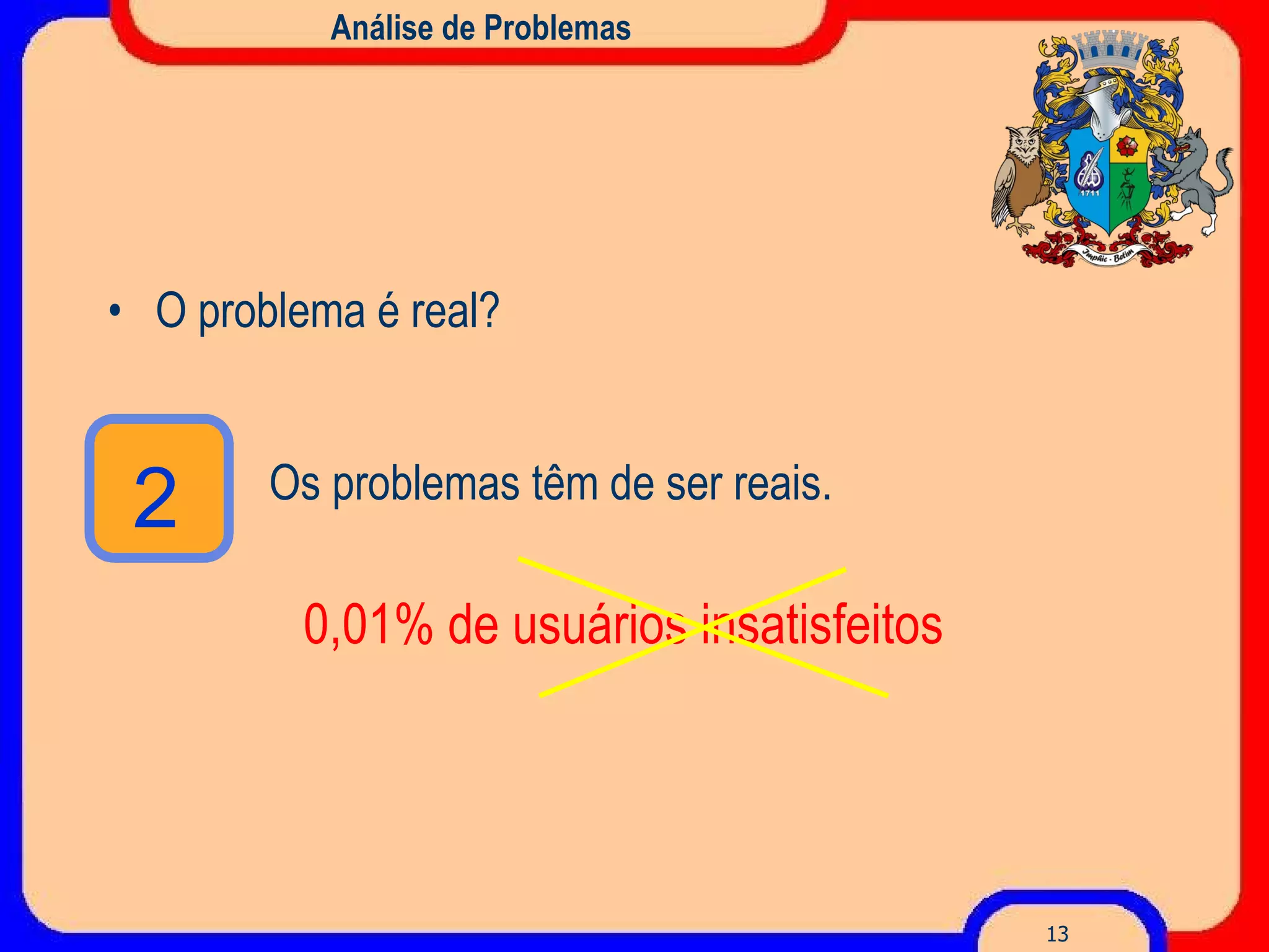 Análise de Problemas O problema é real? Os problemas têm  de ser reais. 0,01% de usuários insatisfeitos 