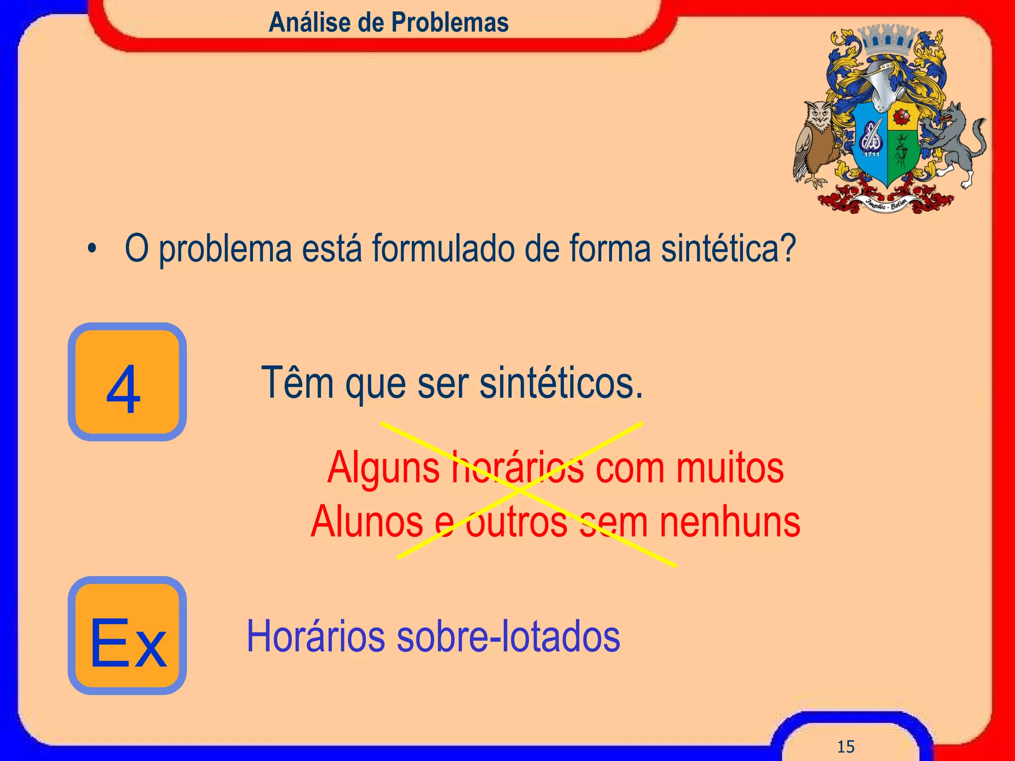 Análise de Problemas O problema está formulado de forma sintética? Têm que ser sintéticos. Alguns horários com muitos Alunos e outros sem nenhuns Horários sobre-lotados 