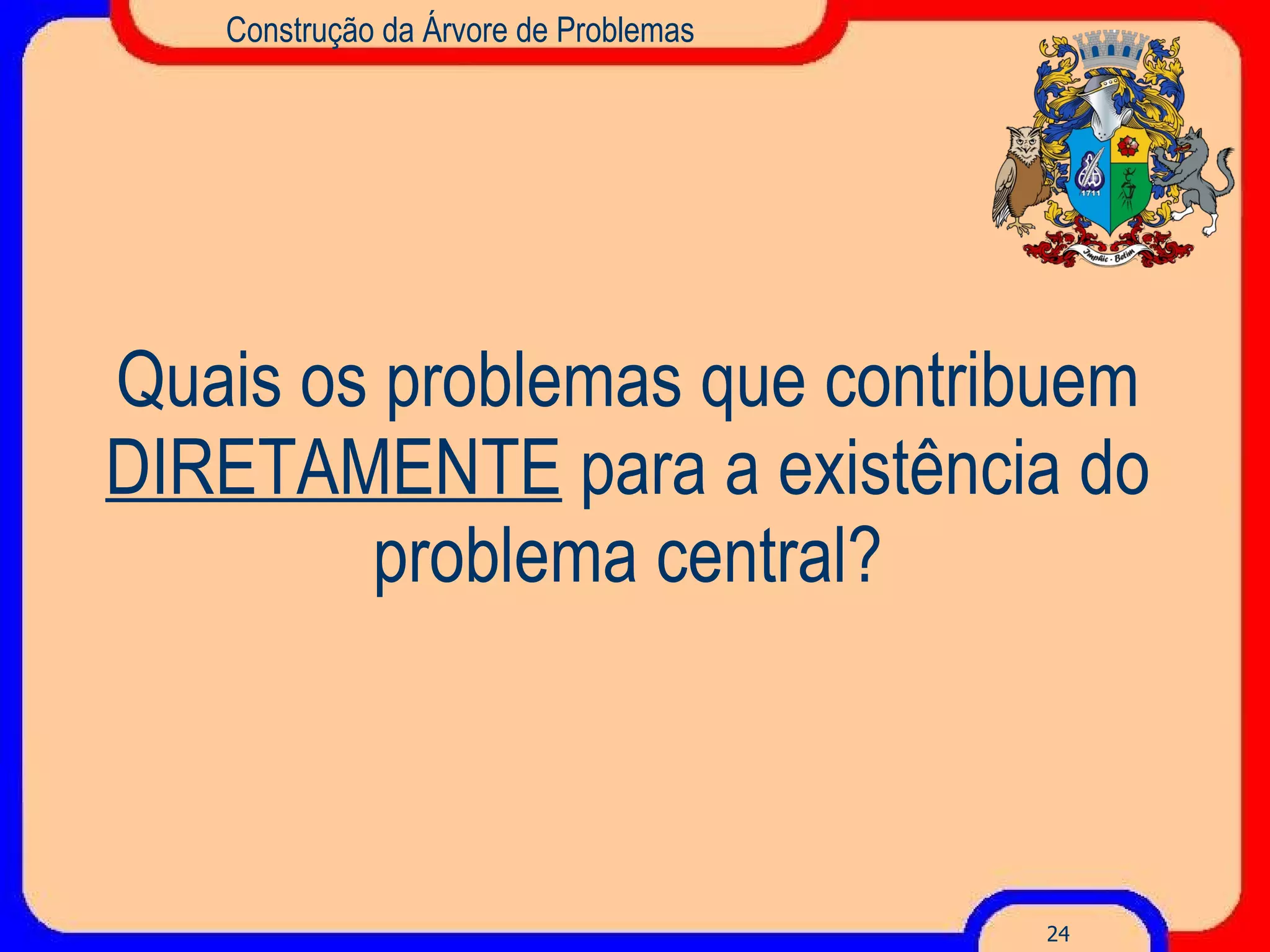 Quais os problemas que contribuem  DIRETAMENTE  para a existência do problema central? Construção da Árvore de Problemas 