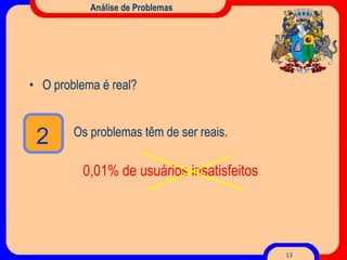 Análise de Problemas O problema é real? Os problemas têm  de ser reais. 0,01% de usuários insatisfeitos 