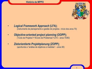 História da MPPO Logical Framework Approach  (LFA); (instrumento de planejamento e gestão de projetos - início dos anos 70) Objective-oriented project planning  (OOPP) ; (“Ciclo de Projetos”+“Árvore de Problemas”+LFA – anos 70/80) Zielorientierte Projektplanung  (ZOPP) ; (aprofunda a “análise de objetivos e medidas” – anos 90)  