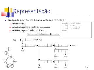 Representação
       Nodos de uma árvore binária terão (no mínimo):
                Informação                           typedef   struct nodo{
                                                         char   info;
                referência para o nodo da esquerda      nodo   * esquerda;
                                                         nodo   * direita;
                referência para nodo da direita.     }nodo;




    A

B

         C

E                 D

    F        G
                                                                               17
 