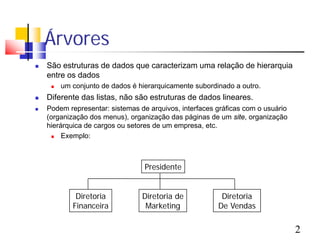 Árvores
   São estruturas de dados que caracterizam uma relação de hierarquia
    entre os dados
        um conjunto de dados é hierarquicamente subordinado a outro.
   Diferente das listas, não são estruturas de dados lineares.
   Podem representar: sistemas de arquivos, interfaces gráficas com o usuário
    (organização dos menus), organização das páginas de um site, organização
    hierárquica de cargos ou setores de um empresa, etc.
        Exemplo:



                                  Presidente


             Diretoria           Diretoria de            Diretoria
            Financeira            Marketing             De Vendas


                                                                                 2
 