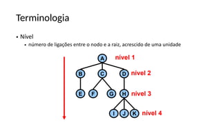 Terminologia
• Nível
• número de ligações entre o nodo e a raiz, acrescido de uma unidade
 