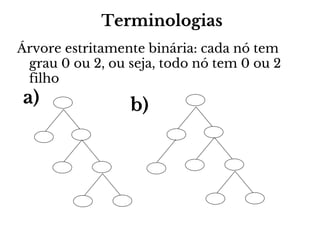 Terminologias
Árvore estritamente binária: cada nó tem
grau 0 ou 2, ou seja, todo nó tem 0 ou 2
filho

a)

b)

 