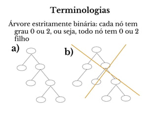 Terminologias
Árvore estritamente binária: cada nó tem
grau 0 ou 2, ou seja, todo nó tem 0 ou 2
filho

a)

b)

 
