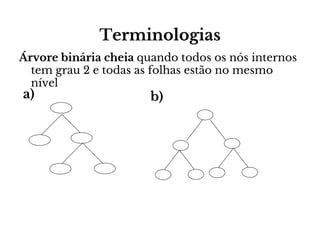 Terminologias
Árvore binária cheia quando todos os nós internos
tem grau 2 e todas as folhas estão no mesmo
nível

a)

b)

 