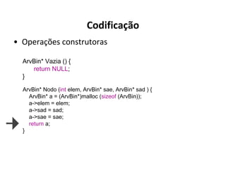 Codificação
• Operações construtoras
ArvBin* Vazia () {
return NULL;
}
ArvBin* Nodo (int elem, ArvBin* sae, ArvBin* sad ) {
ArvBin* a = (ArvBin*)malloc (sizeof (ArvBin));
a->elem = elem;
a->sad = sad;
a->sae = sae;
return a;
}

 