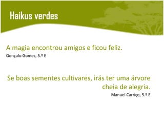Haikus verdes


A magia encontrou amigos e ficou feliz.
Gonçalo Gomes, 5.º E




Se boas sementes cultivares, irás ter uma árvore
                                cheia de alegria.
                                   Manuel Carriço, 5.º E
 