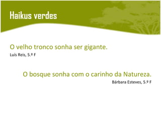 Haikus verdes


O velho tronco sonha ser gigante.
Luís Reis, 5.º F



        O bosque sonha com o carinho da Natureza.
                                    Bárbara Esteves, 5.º F
 