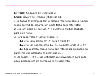 Entrada: Conjunto de Exemplos E.
´
Sa´
ıda: Arvore de Decis˜o (Hip´tese h).
a
o
1 Se todos os exemplos tem o mesmo resultado para a fun¸˜o
ca
sendo aprendida, retorna um nodo folha com este valor;
2 Cria um nodo de decis˜o N e escolhe o melhor atributo A
a
para este nodo;
3 Para cada valor V poss´ para A:
ıvel
3.1 cria uma aresta em N para o valor V ;
3.2 cria um subconjunto EV de exemplos onde A = V ;
3.3 liga a aresta com o nodo que retorna da aplica¸˜o do
ca
algoritmo considerando os exemplos EV .
4 Os passos 1, 2 e 3 s˜o aplicados recursivamente para cada
a
novo subconjunto de exemplos de treinamento.

Identiﬁca¸˜o de spam utilizando Random Forest —
ca

5

 