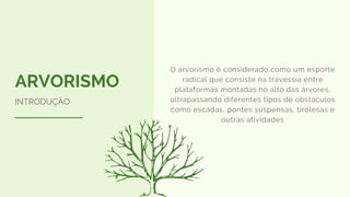 ARVORISMO
INTRODUÇÃO
O arvorismo é considerado como um esporte
radical que consiste na travessia entre
plataformas montadas no alto das árvores,
ultrapassando diferentes tipos de obstáculos
como escadas, pontes suspensas, tirolesas e
outras atividades
 