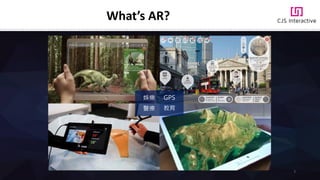 地理位置信息服務GIS
娛樂 GPS
醫療 教育
What’s AR?
7
 