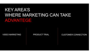 KEY AREA’S
WHERE MARKETING CAN TAKE
ADVANTEGE
VIDEO MARKETING PRODUCT TRIAL CUSTOMER CONNECTION
 