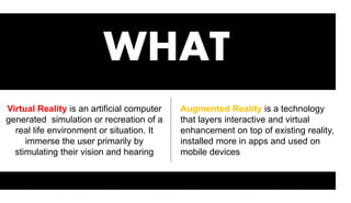 WHAT
Virtual Reality is an artificial computer
generated simulation or recreation of a
real life environment or situation. It
immerse the user primarily by
stimulating their vision and hearing
Augmented Reality is a technology
that layers interactive and virtual
enhancement on top of existing reality,
installed more in apps and used on
mobile devices
 