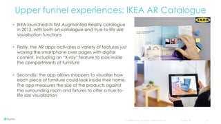 Confidential and copyright of Somo Custom Ltd. October 16 21
Upper funnel experiences: IKEA AR Catalogue
•  IKEA launched its first Augmented Reality catalogue
in 2013, with both on-catalogue and true-to-life size
visualisation functions
•  Firstly, the AR apps activates a variety of features just
waving the smartphone over pages with digital
content, including an “X-ray” feature to look inside
the compartments of furniture
•  Secondly, the app allows shoppers to visualise how
each piece of furniture could look inside their home.
The app measures the size of the products against
the surrounding room and fixtures to offer a true-to-
life size visualization
 