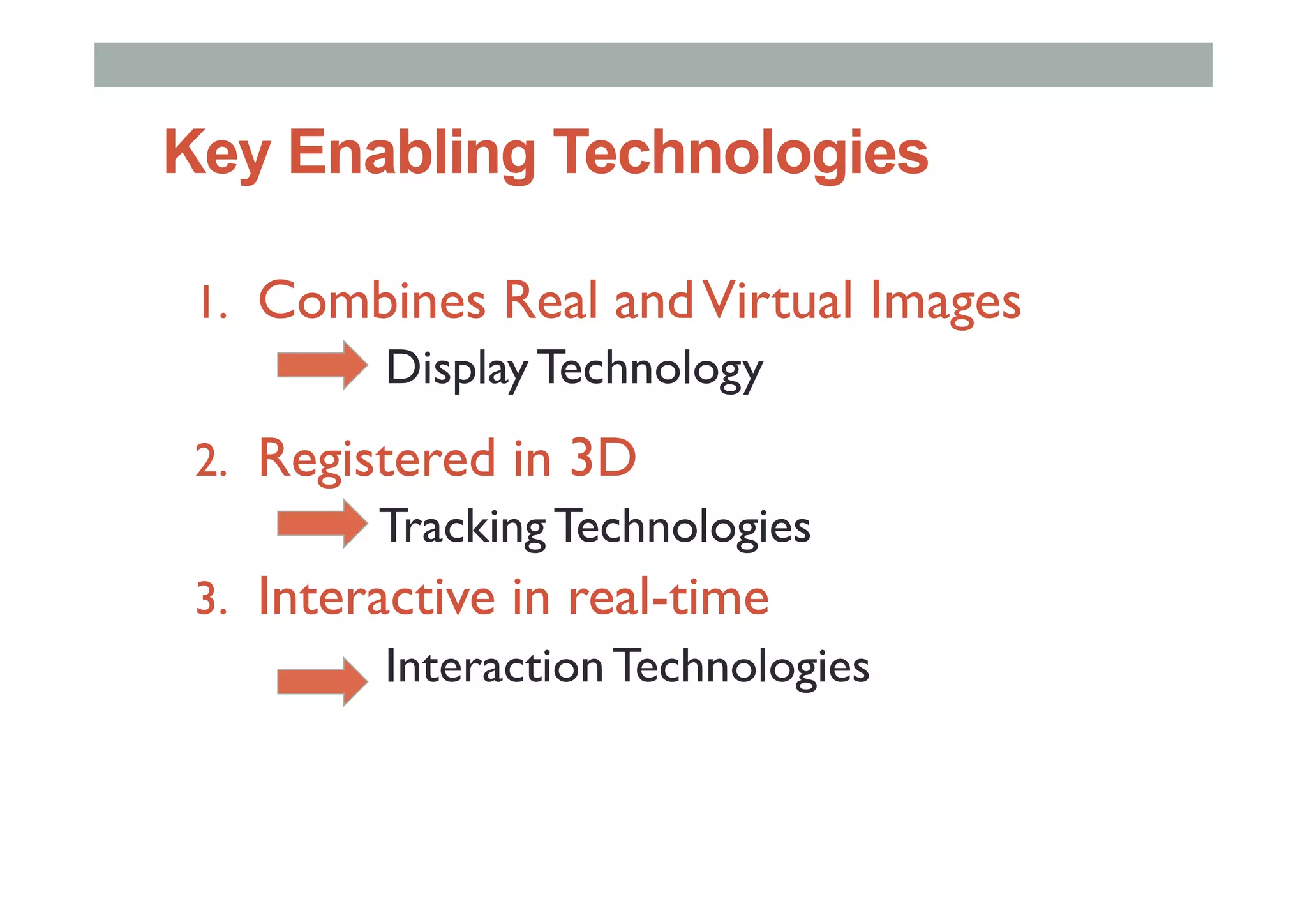 Key Enabling Technologies
1.  Combines Real andVirtual Images
Display Technology
2.  Registered in 3D
Tracking Technologies
3.  Interactive in real-time
Interaction Technologies
 