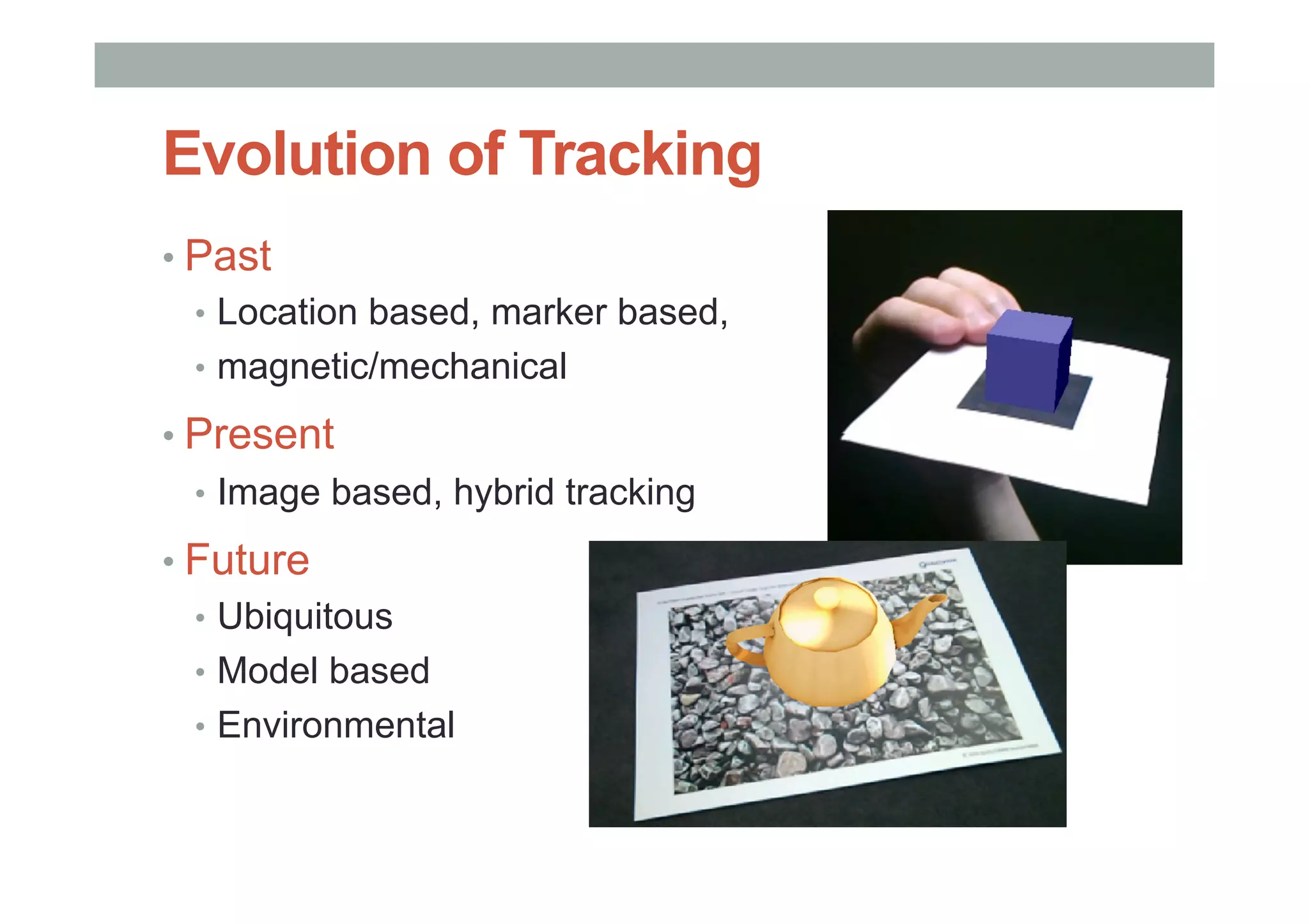 Evolution of Tracking
• Past
•  Location based, marker based,
•  magnetic/mechanical
• Present
•  Image based, hybrid tracking
• Future
•  Ubiquitous
•  Model based
•  Environmental
 