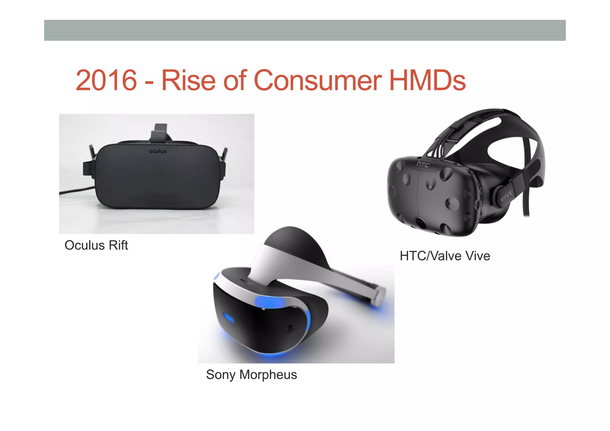 Oculus Rift
Sony Morpheus
HTC/Valve Vive
2016 - Rise of Consumer HMDs
 