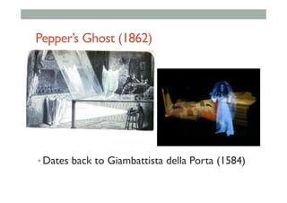 Pepper’s Ghost (1862)
• Dates back to Giambattista della Porta (1584)
 