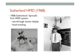 Sutherland HMD (1968)
•  1968: Sutherland / Sproull’s
first HMD system
•  see-through stereo display
•  head tracking
 