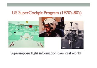 US SuperCockpit Program (1970’s-80’s)
Superimpose flight information over real world
 